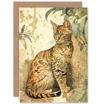 Image of Artery8 Marble Coat Bengal Cat Perched on Street Wall Watercolour Illustration Art Birthday Sealed Greeting Card Plus Envelope Blank inside