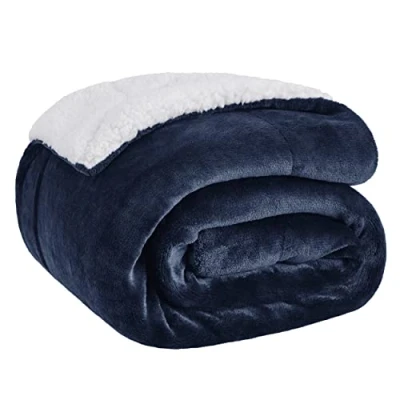 Image of Bedsure Sherpa Fleece Throw Blanket Fluffy Microfiber Solid Blankets for Bed and Couch Double/Twin Size, Navy Blue, 150x200cm
