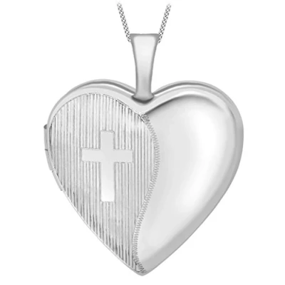 Image of Carissima Gold Women&#039;s 9ct White Etched Cross Detail Heart Locket on Curb Chain of 46cm/18&quot;