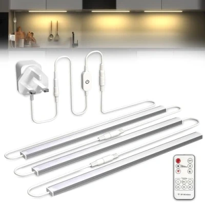 Image of Bonlux Under Cupboard Kitchen Lights, Linkable Cabinet Light Mains DC 12V Warm White 3000K, Dimmable Counter Lights with Remote and UK Plug for Cabinet(3x12IN)