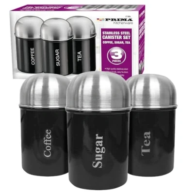 Image of Pack Of 3 Black Canisters Set Coffee, Tea &amp; Sugar Mirror Finish Modern, Eye catching Design Suitable For Kitchens, Canteens Homes Food Storage Organisers Stainless Steel Lids
