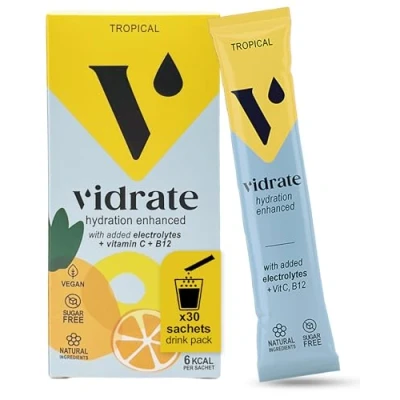 Image of Electrolytes Powder Hydration Sachets Packed with Vitamins Zero Sugar Rehydration Sachet No Artificial Sweeteners &amp; Preservatives by ViDrate Tropical Large Pack, 30