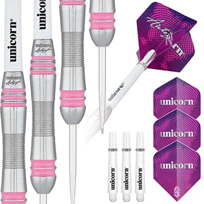 Image of Unicorn Steel Tip Darts Set Autograph Series Style 2 80% Natural Tungsten Barrels with Pink Accents 30 g