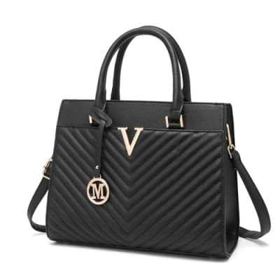 Image of Miss Lulu Handbags for Women, Chic V Quilted Ladies Top Handle Bags with Golden Hardware, Large PU Leather Tote Work School Travel (Black)