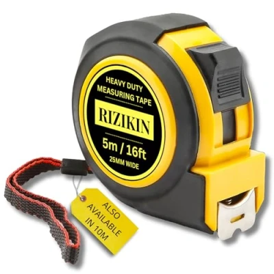 Image of Rizikin Heavy Duty Tape Measure 5m 16ft Stainless Steel Measuring 5 metre Retractable Measurement Imperial and Metric with Metal Belt Clip (5 Metre)