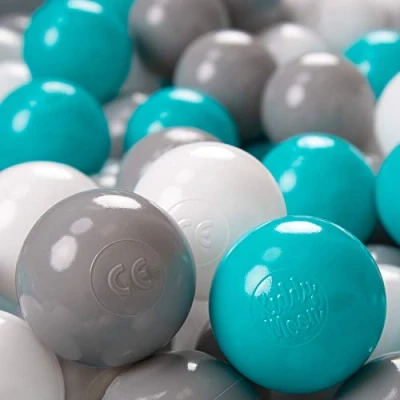 Image of KiddyMoon Soft Plastic Play Balls For Children 200 Balls/6Cm 2.36In Colourful Made In EU, Grey/White/Turquoise