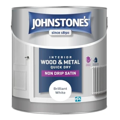 Image of Johnstone&#039;s Quick Dry Satin Brilliant White Finish Water Based Interior Wood &amp; Metal Radiator Paint Low Odour in 1 2 Hours 12m2 Coverage per Litre 2.5 L