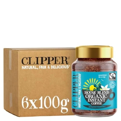 Image of Clipper House Blend Organic Arabica Instant Coffee 6 x 100g Jars Bulk Buy for Home &amp; Catering Gourmet Sustainable Fairtrade by Teas Ethically Sourced Eco Conscious