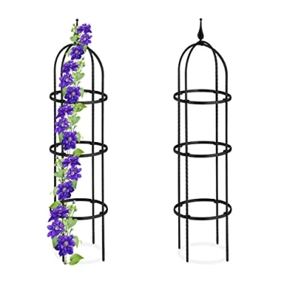 Image of Relaxdays Garden Obelisk, Set of 2, 100 cm Tall, Support for Climbing Plants, Free Standing, Metal, Rose Cage, Black, Steel