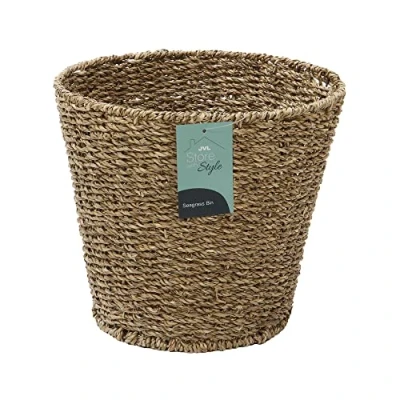 Image of JVL Natural Round Seagrass Waste Paper Basket Bin, 28 x 25 cm