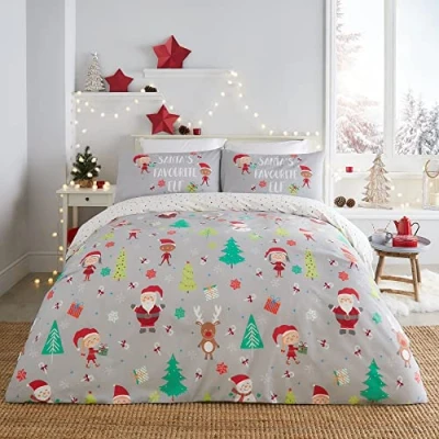 Image of Fusion Santa&#039;s Favourite Elf Helper Duvet Cover Single Bedding Size (140 x 200cm) Reversible (2 Designs) 1x Pillowcase Included Polka Dots White for Xmas Christmas