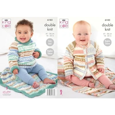 Image of King Cole Baby Easy Knitting Pattern, Raglan Sleeve, Double Knit Sweater, Matinee Coat and Blankets (6183), 16 22 (41cm 56cm)
