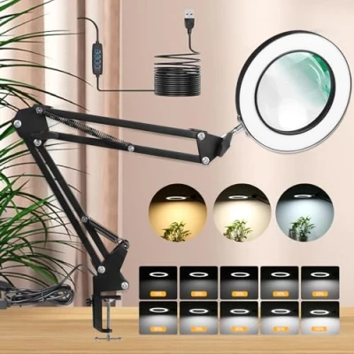 Image of CANMEIJIA 10X Magnifying Glass with Light,Dimmable LED Lamp 3 Color Modes,Black Magnifier Light Adjustable Swivel Arm,Magnifying Glasses for Hobbies Reading Work