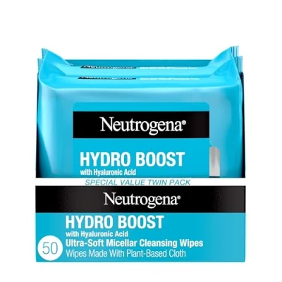 Image of Neutrogena HydroBoost Facial Cleansing &amp; Makeup Remover Wipes with Hyaluronic Acid, Hydrating Pre Moistened Face Towelettes to Cleanse &amp;Remove Dirt, Impurities, Twin Pack, 25 ct