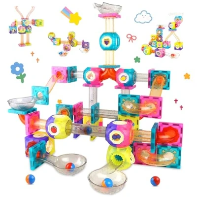 Image of Welmay Magnetic Building Blocks, 170PCS Magnets STEM Tiles Toy for Kids, Marble Run Learning Educational Bricks 3D Construction Toys Boys Girls 3 4 5 6 7 8+ Year Old