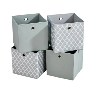 Image of Home Source Cube Storage Boxes, Collapsible Fabric Baskets, Foldable Canvas Organising 4 Piece, 2 Grey, Print