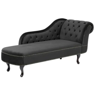 Image of Vintage Style Left Hand Chaise Lounge Velvet Fabric Chesterfield Black Nimes