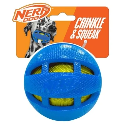 Image of Nerf Dog 3.8in Rubber Checker Crunch Ball Blue with Green Bag