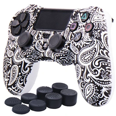 Image of YoRHa Water Transfer Printing Flowers Silicone Cover Skin Case for Sony PS4/slim/Pro Dualshock 4 Controller x 1(white) With Pro thumb grips 8