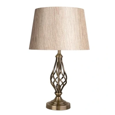 Image of Lighting Supermarket Queenswood Traditional Barley Twist Table Lamp with Charcoal Gold Linen Shade Antique Brass