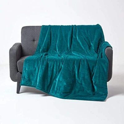 Image of HOMESCAPES Emerald Teal Green Velvet Throw Super Soft Thick Cotton Blanket with Handwoven Embroidered Dots &amp; Quilting Reversible Bedspread Cosy and Warm Bed Sofa 125 x 150 cm