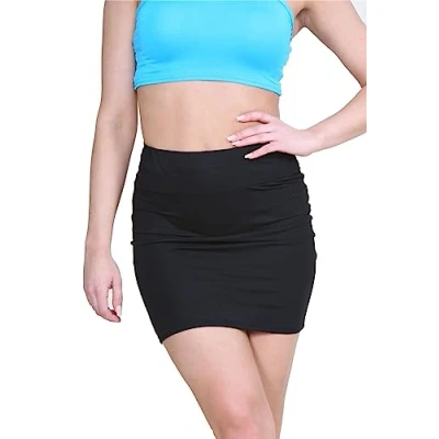 Image of janisramone® Mini Black Skirts for Women UK, Blue Skort Ladies, Waisted Plain Pencil Bodycon Skirt, Stretchy Skirt Sexy