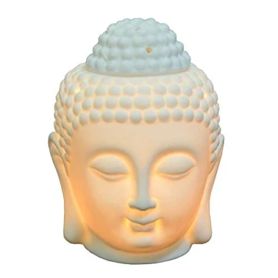 Image of JOYFULBID Buddha Head Ceramic Hollow Aromatherapy Furnace Oil Candle Burner for Yoga or Meditation Room.for Pilates Room 10 x 15 cm (White)