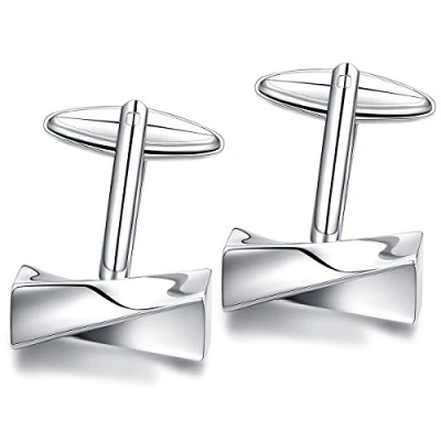 Image of HONEY BEAR Knot Cufflinks Rectangle Stainless Steel for Men&#039;s Shirt Wedding Business Gift,Silver