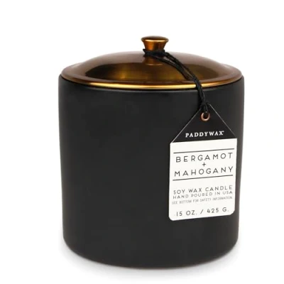 Image of Paddywax Scented Candles Minimalist Hygge Range Luxury 3 Wick Candle in Matte Ceramic Container with Lid, 425g, Bergamot + Mahogany