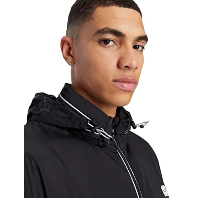 Image of Armani Exchange Men&#039;s Packable, Hidden Hoodie, Two Zip Pockets on Front, Rubber Patch Logo Windbreaker, Black, M