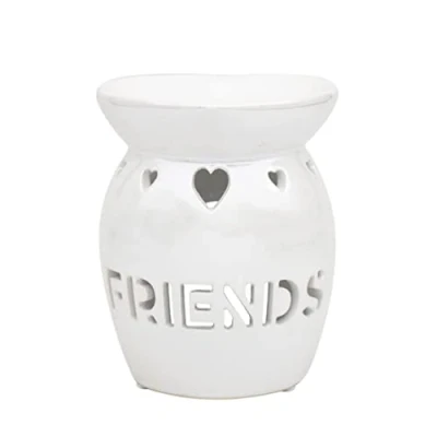 Image of Ceramic Tea Light Wax/Oil Burner Pearl White &#039;Friends&#039; Design