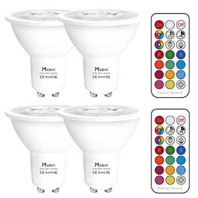 Image of Mobri GU10 LED Bulbs, 5W Colour Changing Spot Light Bulb, Dimmable via Remote Control, 75 Watt Equivalent with Timing, RGB+ Warm White (2700K),Double Memory (4 Pack)