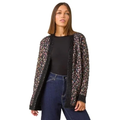 Image of Roman Originals Women Fluffy Cardigan Ladies Winter Cardi Longline Edge to Ombre Coatigan Casual Sparkly Glittery Jacket Knitwear Knitted Autumn Fleecy Cosy Soft Coats Black Pink Size 20