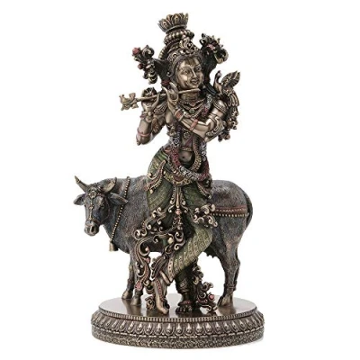 Image of Veronese Design 10 1/2 Inch Hindu God Krishna and The Holy Cow Cold Cast Resin Bronze Finish Sculpture Figurine