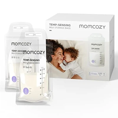 Image of Momcozy Storage Bags 120 PCS, Temp Sensing Discoloration Breastmilk Storing Bags, Disposable Milk Bag with 6oz Self Standing, No Leak Freezer Pouches