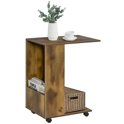 Image of HOMCOM Mobile Sofa Side Table C Shape End with Storage and Casters for Laptop Coffee Snack, Rustic Brown