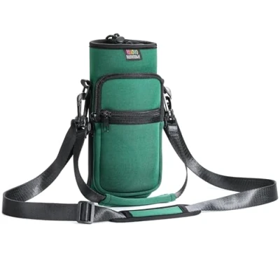 Image of Nuovoware Water Bottle Carrier Bag, 40oz Pouch Holder, Adjustable Shoulder Hand Strap 2 Pocket Sling Neoprene Sleeve Sports Accessories for Hiking Travelling, Dark Green