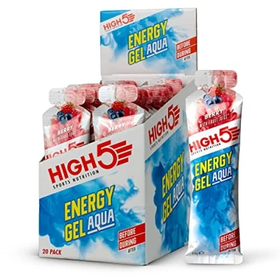 Image of HIGH5 Energy Gel Aqua Quick Release Sports Gels to Power Muscles for Top Performance Natural Fruit Juice &amp; No Caffeine On The Go Boost Running, Cycling and Endurance (Berry, 20 x 66g)
