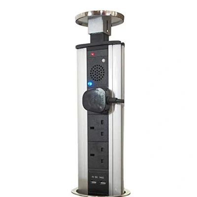 Image of Pop Up 3 Gang Mains Power Extension Tower STAINLESS STEEL 3W BLUETOOTH AUDIO SPEAKER &amp; Plug Sockets 2x USB Charging Ports Hidden Pull Retractable Socket Kitchen Worktop Office Desk