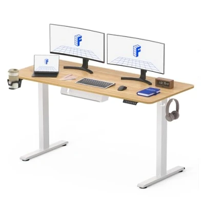 Image of FLEXISPOT 140 * 60cm Electric Standing Desk Adjustable Sit Stand Up Computer with Hook Memory Function for Office and Home (Maple+White)
