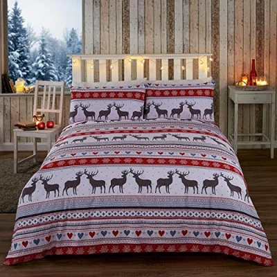 Image of Rapport Christmas Scandi Reindeer Duvet Cover Set, Polycotton Red, King