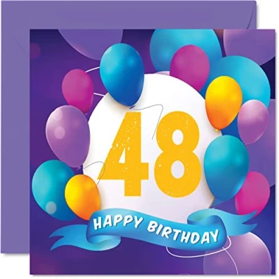 Image of 48th Birthday Card for Men Women Balloon Party Happy Cards 48 Year Old Man Woman Brother Sister Mum Dad Auntie Uncle Best Friend Cousin, 145mm x Bday Greeting Gift