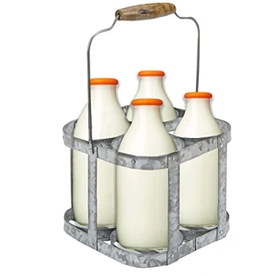 Image of Trendi® Milk Bottle Holder Galvanized 4 Bottles Doorstep Crate Carrier Traditional 7.75 (L) x (W) 6.25 (H) (4 Botle Holder)