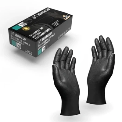 Image of VENSALUD Diamond Nitrile Gloves Extra Strong and Resistant For Mechanical Workshops, Gardening, Kitchen, Assembly, Veterinary, Cleaning Latex Free 50 units Black L