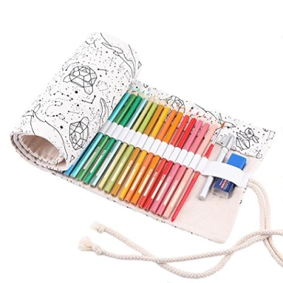 Image of Amoyie Hand Roll Up Bag for 72 Coloring Pencil, Canvas pencil Organiser Artist Pen Carrier Bag, Wrap Kids, Easy Use (no included), Constellation