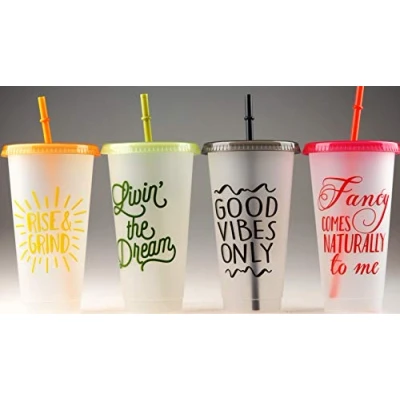 Image of BWG 4 Plastic Reusable Eco Friendly Fun Slogan Cups With Lids And Straws