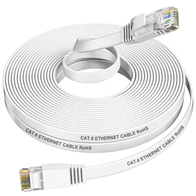 Image of Long Ethernet Cable 10m, Cat 6 High Speed Pure Copper Core Flat Internet Cable, RJ45 Lightweight Network 10 meter, Gigabit LAN Patch for Router (10 Clips)