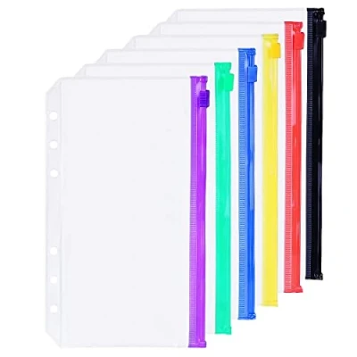 Image of 6 Pack A6 Holes Binder Zip Pockets Plastic Colored Zipper Folders Waterproof Loose Leaf Bags Lock Envelope for Documents Notebooks Cards (Zip Pocket, A6)
