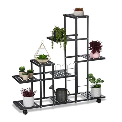 Image of Relaxdays Plant Stand, 9 Shelves, on Wheels, HxWxD: 91.5 x 93 26 cm, Metal, Decorative Indoor Flower Display, Black, Steel