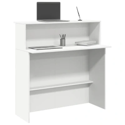 Image of vidaXL reception desk white engineered wood 100x50x103.5 cm storage shelves versatile for offices/lobbies/salons